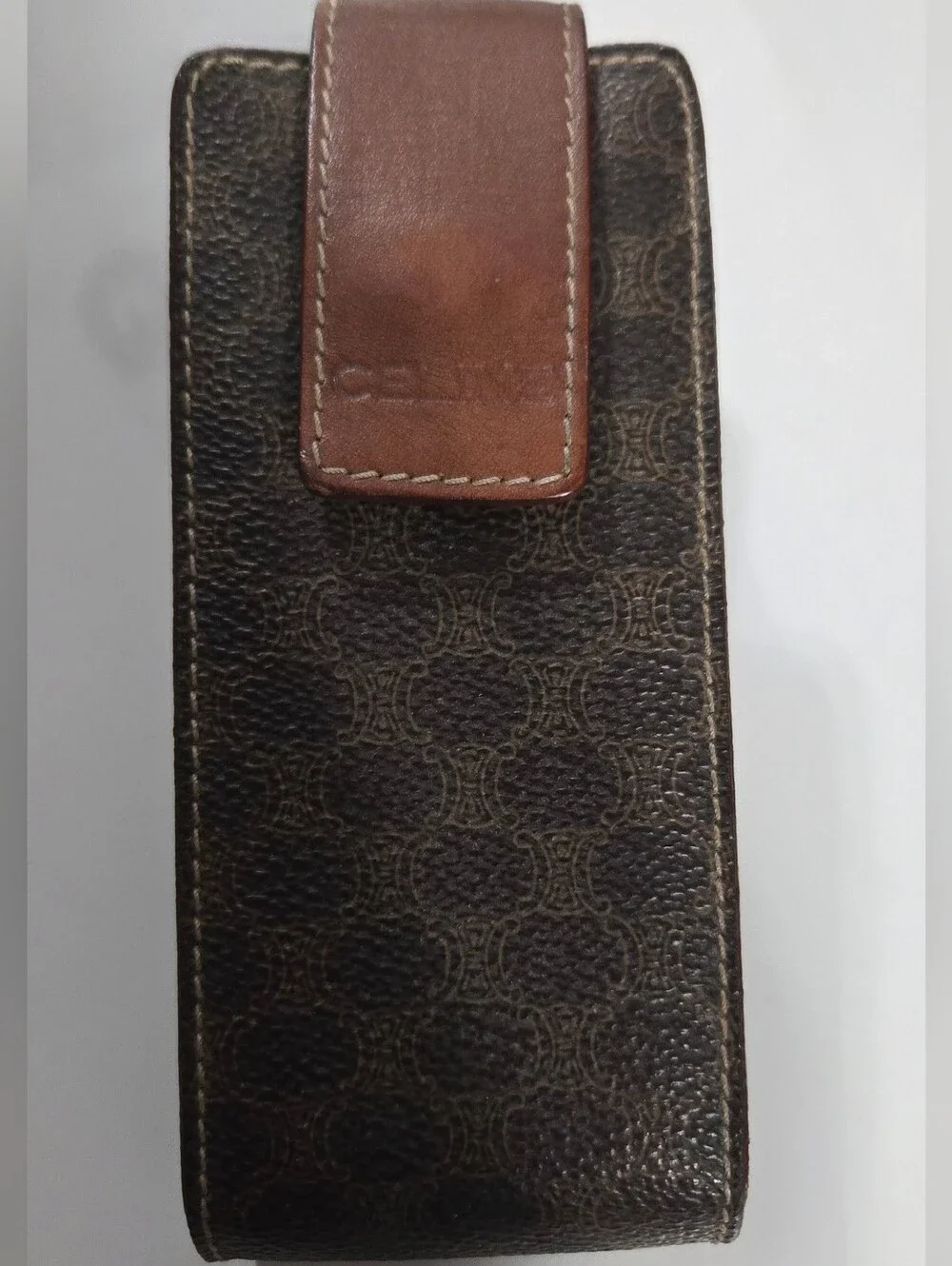 Celine Brown Patterned Leather Phone Case with Tan Strap